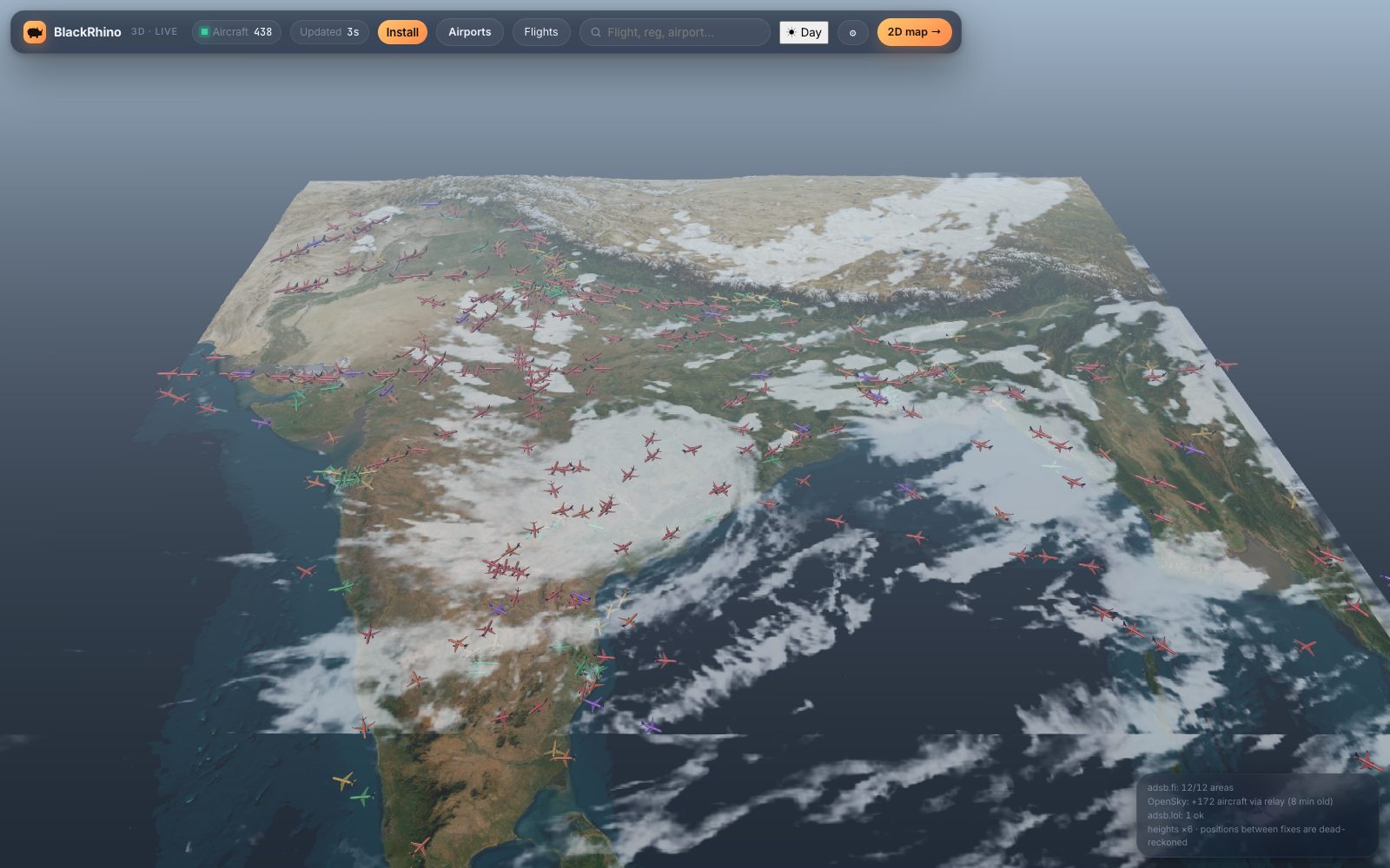 BlackRhino 3D India with terrain, live clouds and aircraft
