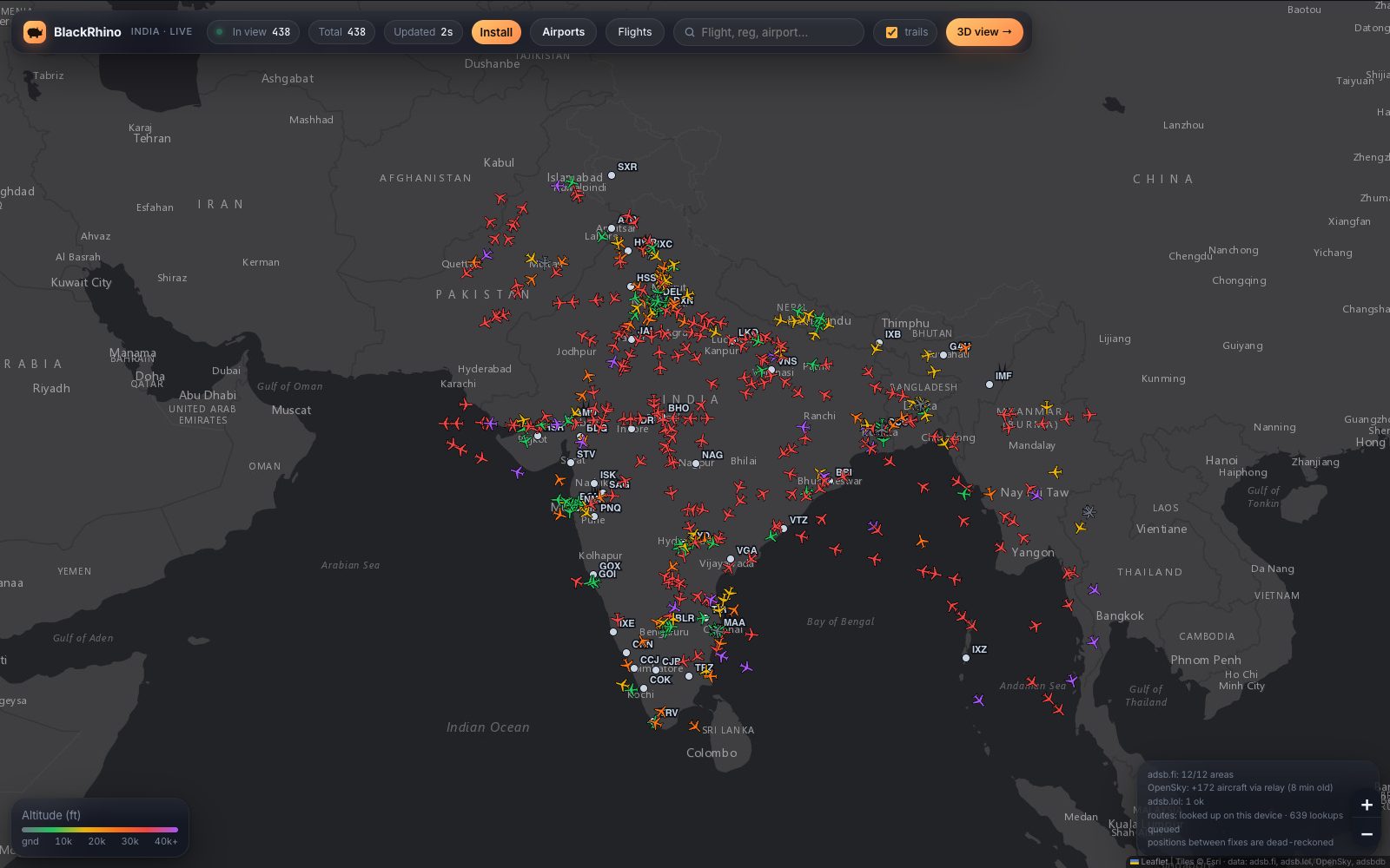 BlackRhino 2D live radar map of India, aircraft coloured by altitude